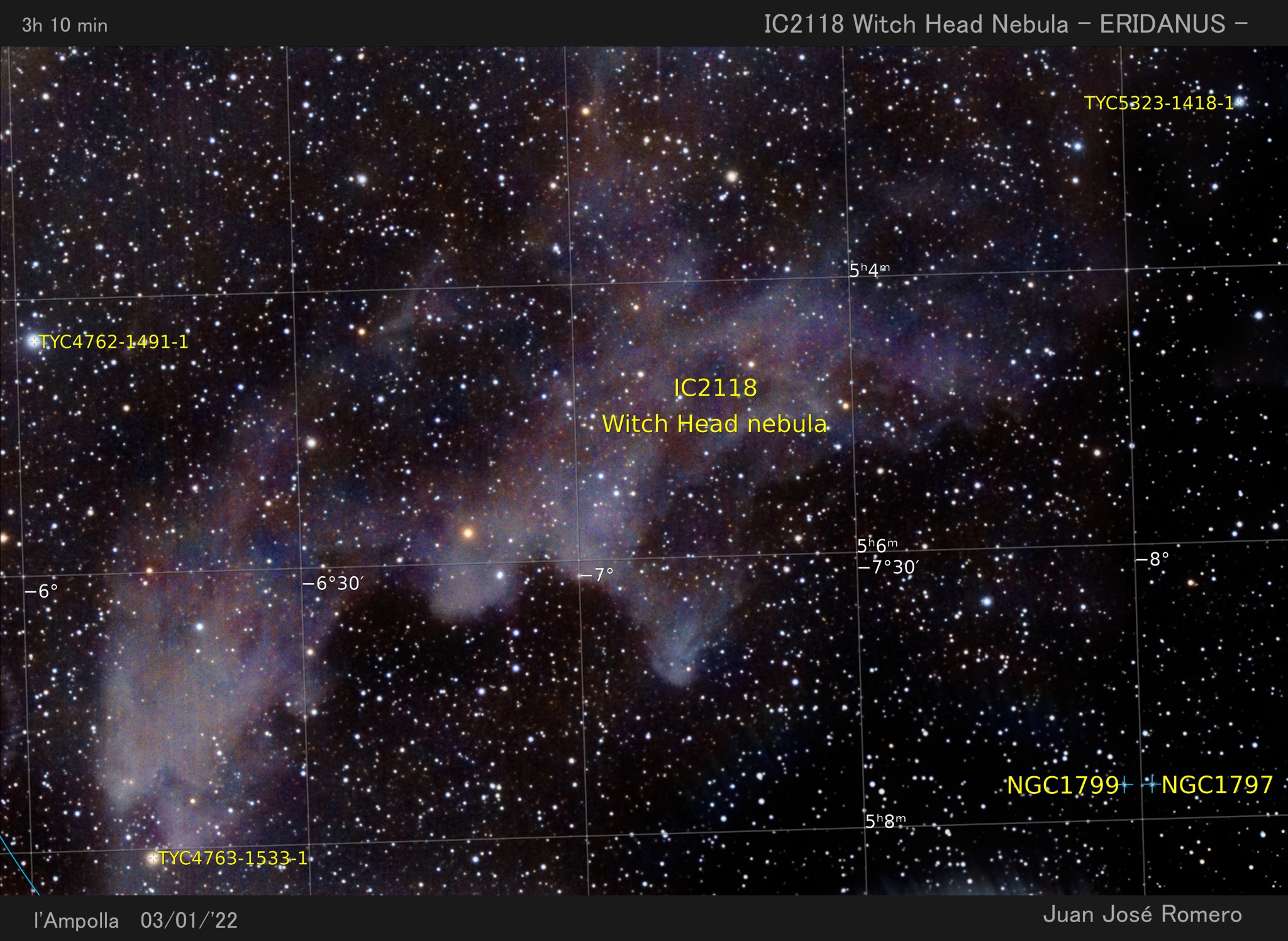 Imatge anotada: IC 2118 – Nebulosa del Cap de Bruixa