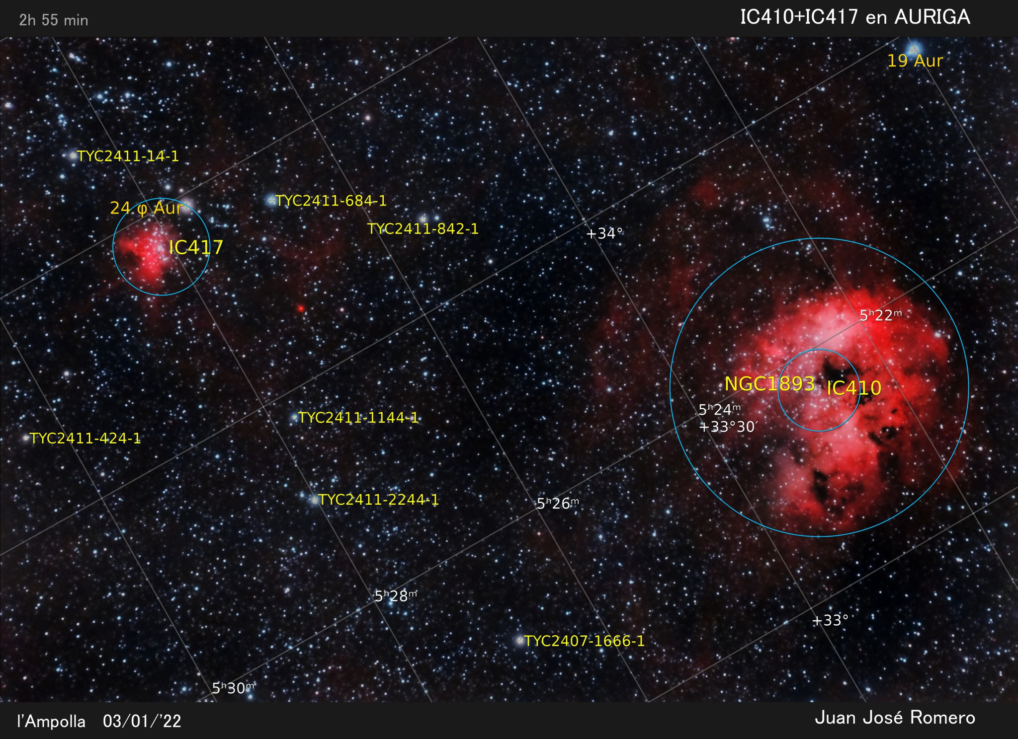 Imatge anotada: IC 410 i IC 417 – Nebuloses d'Auriga