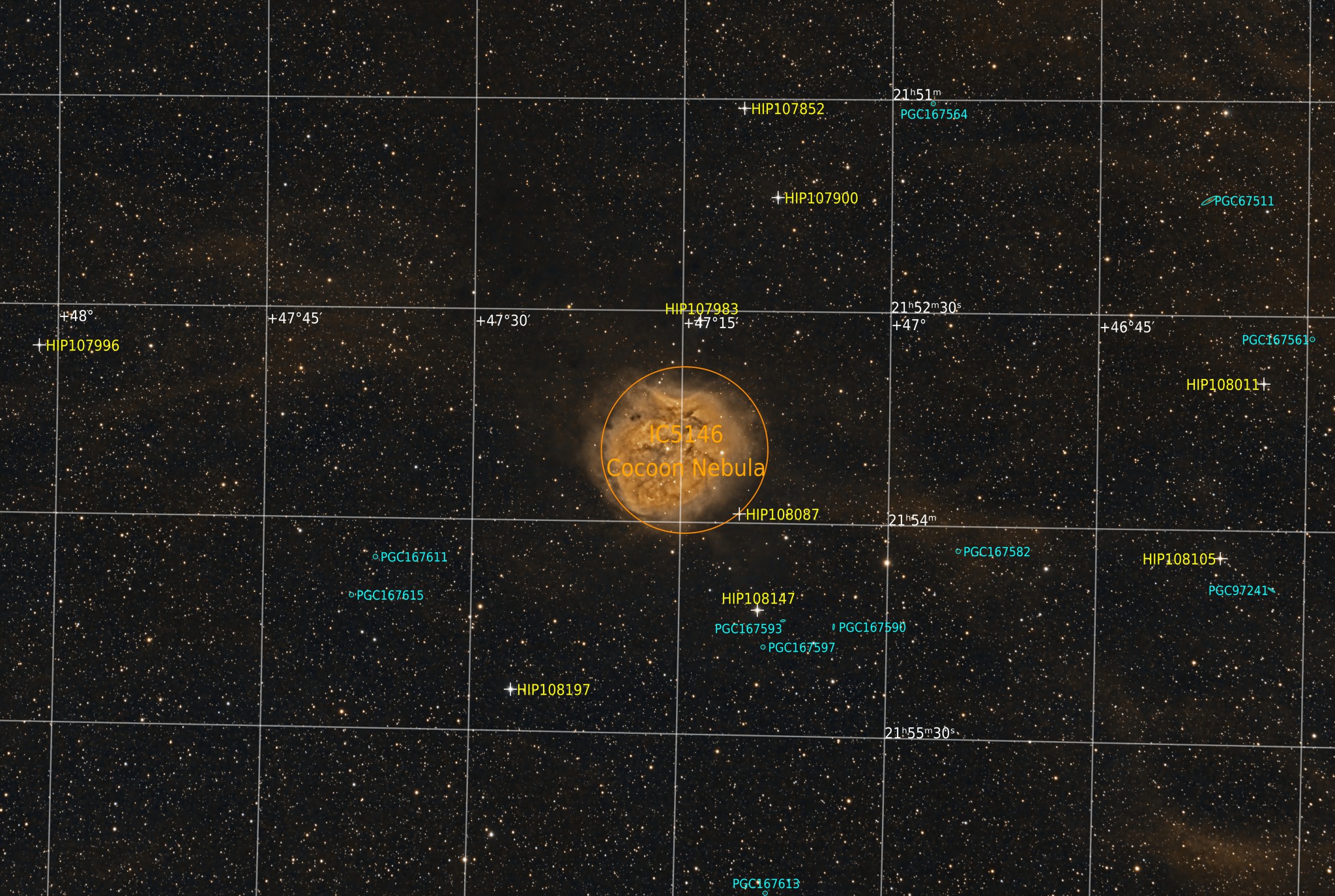 Imatge anotada: IC5146 – Nebulosa del Capoll (SHO)