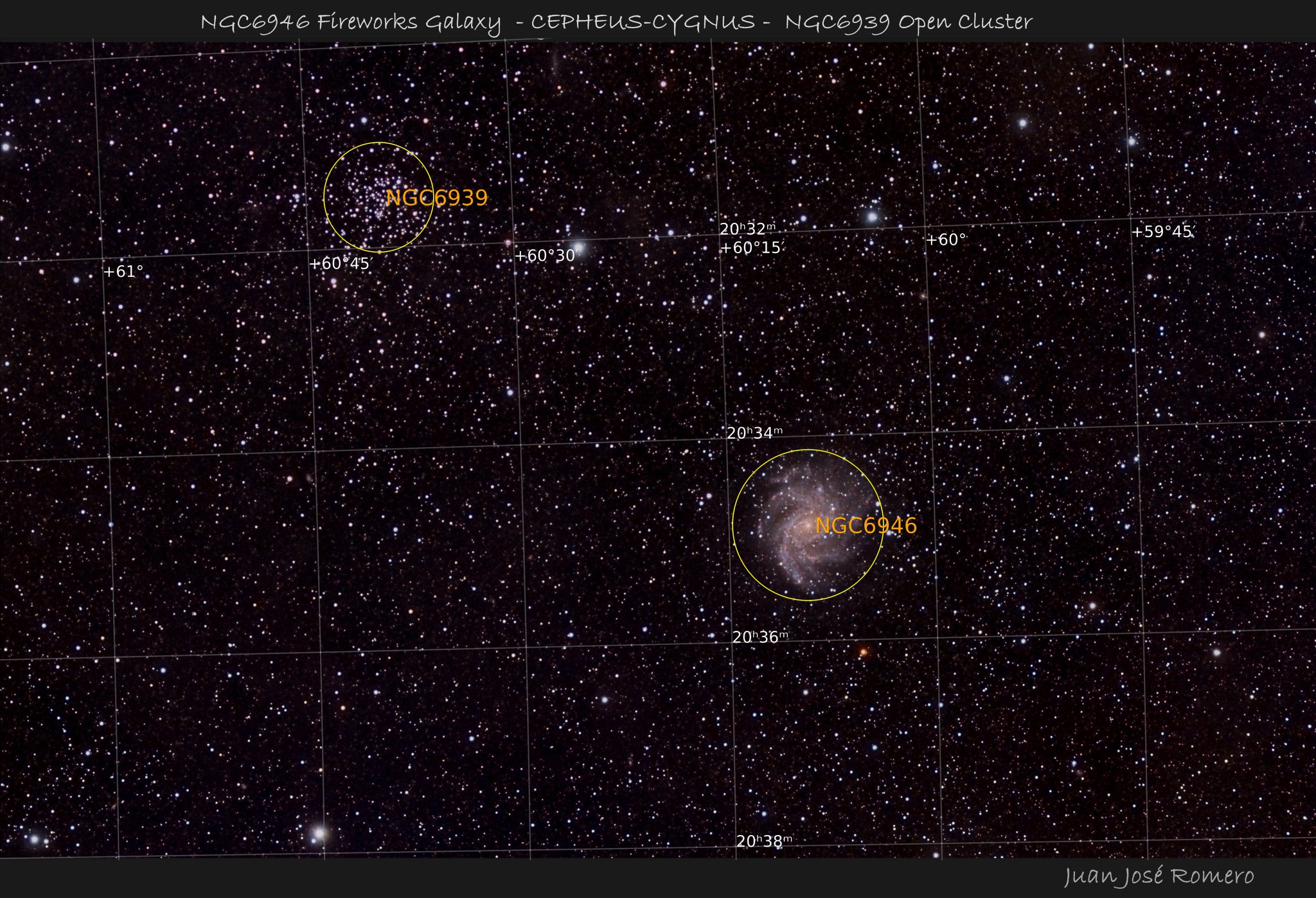 Imatge anotada: NGC 6939 i NGC6946– Cúmul obert i Fireworks Galaxy