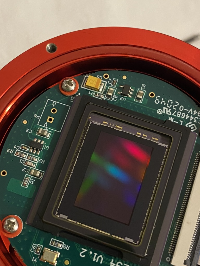 Close view of the ZWO ASI294MM Pro monochrome sensor inside the camera body