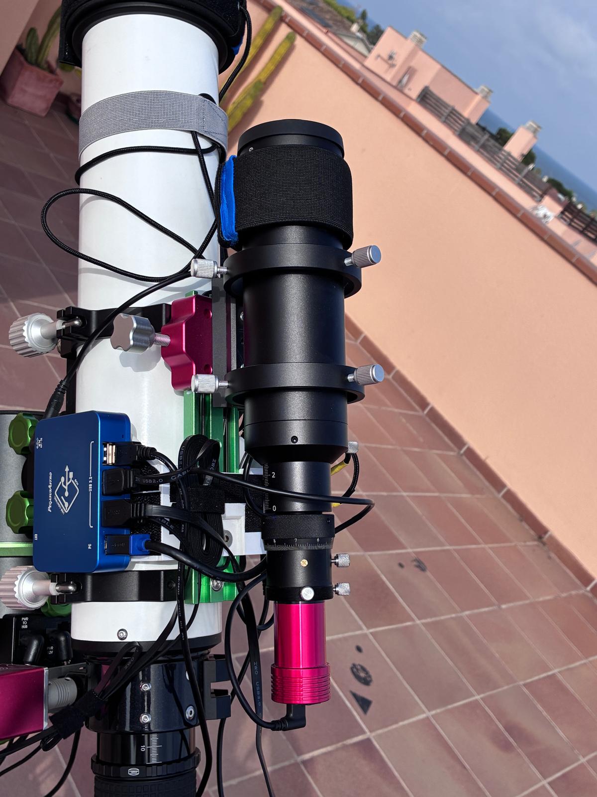 ZWO ASI220MM Mini monochrome guide camera connected to the Svbony SV106 scope on the rig